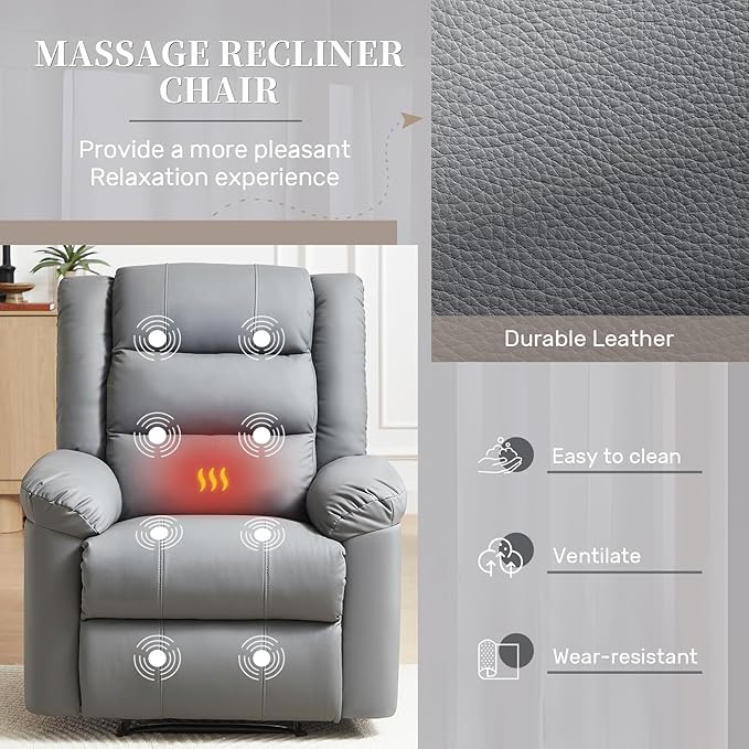 Recliner Chair with Massage & Heat, 8 Vibration Points, 5 Modes, 115-165° Reclining, Manual Recliner for Adults, Timer & Intensity Control, Faux Leather Massage Chair with Side Pocket for Living Room