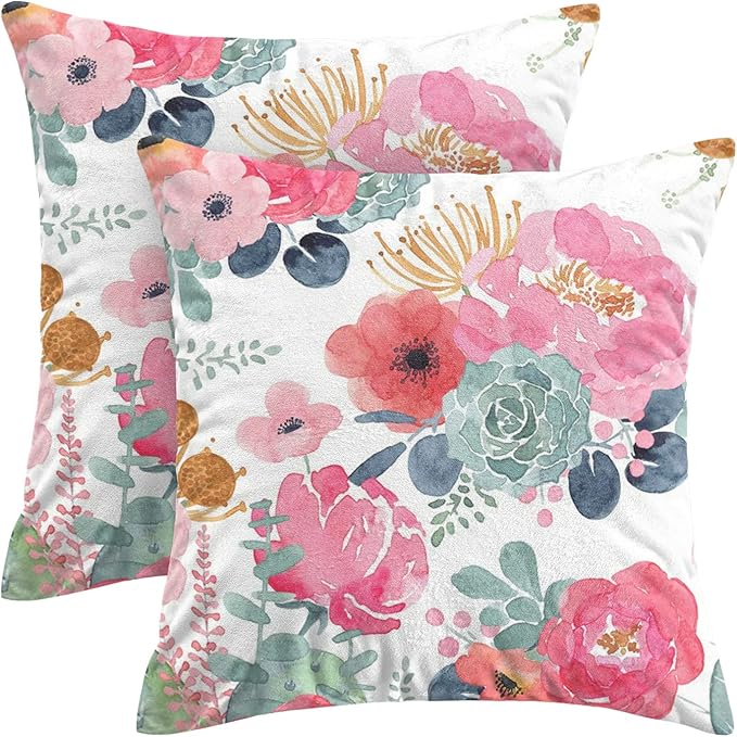 CXMEIFLY Spring Floral Pillow Covers 16 x 16 Inch Set of 2 for Watercolor Pink Flowers Decor Throw Pillows Green Leaves Plant Outdoor Decorative Cushion Cases with Zipper for Couch Bed Decorations
