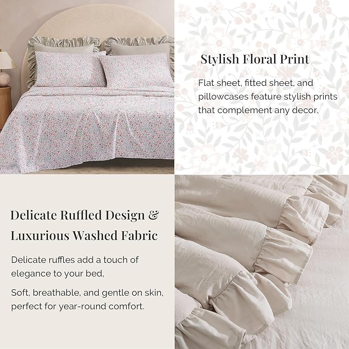 Queen Comforter Set - 7 Pieces Ruffle Beige Bedding Sets, Shabby Chic Farmhouse Bed in a Bag Queen with Ruffle Comforter, Floral Sheets, Pillowcases & Shams