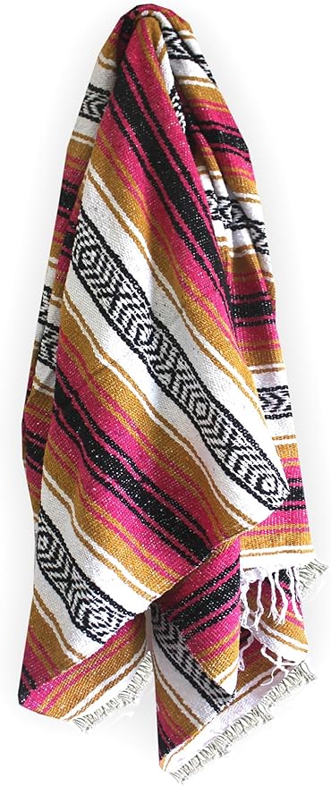 Del Mex Classic Mexican Blanket, Large Authentic Woven Falsa Throw (70"x50"), Artisan Southwest Décor for Beach, Yoga, Outdoors (Gold/Fuchsia)