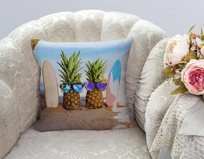 TSSOHU Yellow Pineapple with Glasses on The Sandbeach Throw Pillow Case Cushion Cover Couch Sofa Decorative Square 18x18 inches