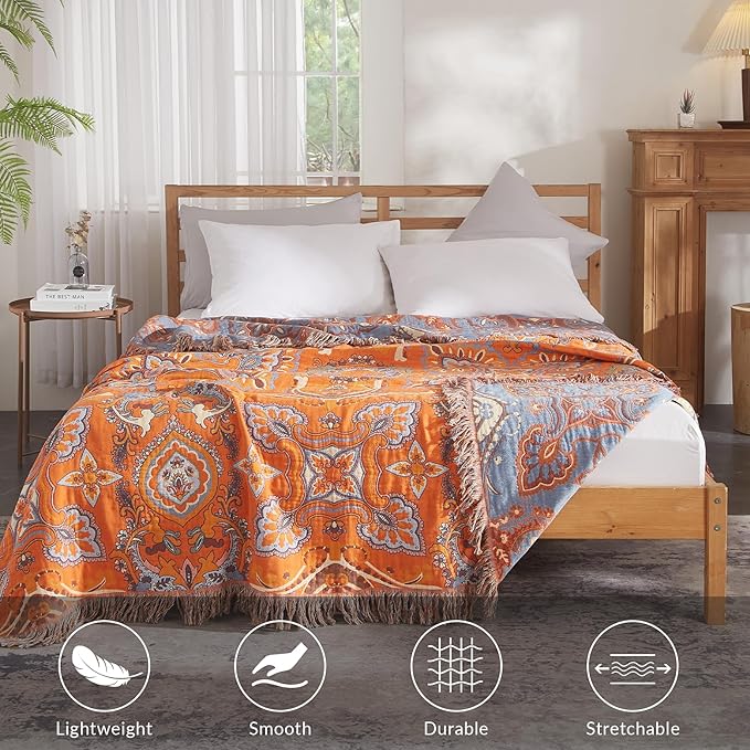 Boho Throw Blanket for Couch Sofa Bed, 100% Cotton Woven Quilt with Tassel 60”x80”, Super Soft Muslin Blanket with Oriental Universe Printed, Decorative Reversible Bed Blanket/Cover for All Seasons