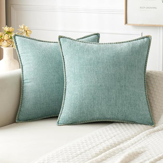 MIULEE Pack of 2 Couch Throw Pillow Covers 16x16 Inch Aqua Green Farmhouse Decorative Pillow Covers with Stitched Edge Soft Chenille Solid Dyed Spring Pillow Covers for Sofa Bed Living Room