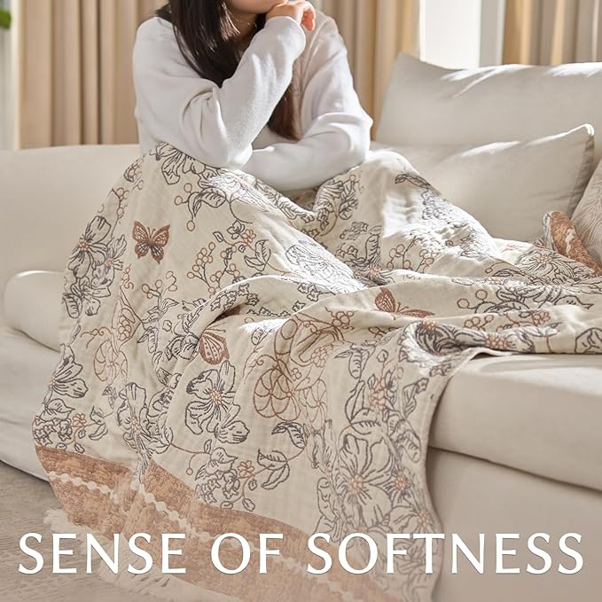 JINCHAN Boho Floral 100% Cotton Blanket 4-Layer Throw Blanket with Tassel Taupe and White Flower Butterfly Soft Luxury Rustic Farmhouse Decor Blanket for Couch Bed 60x80 inch All Season gift for women
