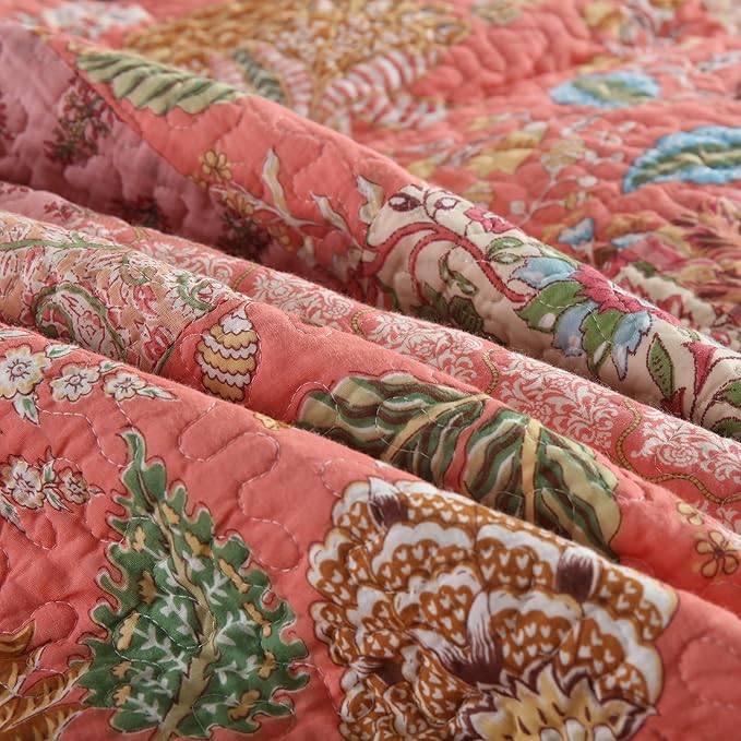 NEWLAKE Cotton Patchwork Bedspread, 3-Piece Bedding Quilt Set with Real Stitched Embroidery, Reversible Matelasse Bed Coverlet Set,Bohemian Floral, Queen Size