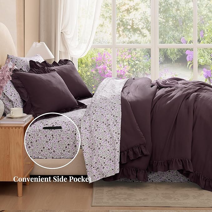 Queen Comforter Set - 7 Pieces Ruffle Purple Bedding Sets, Shabby Chic Farmhouse Bed in a Bag Queen with Ruffle Comforter, Floral Sheets, Pillowcases & Shams