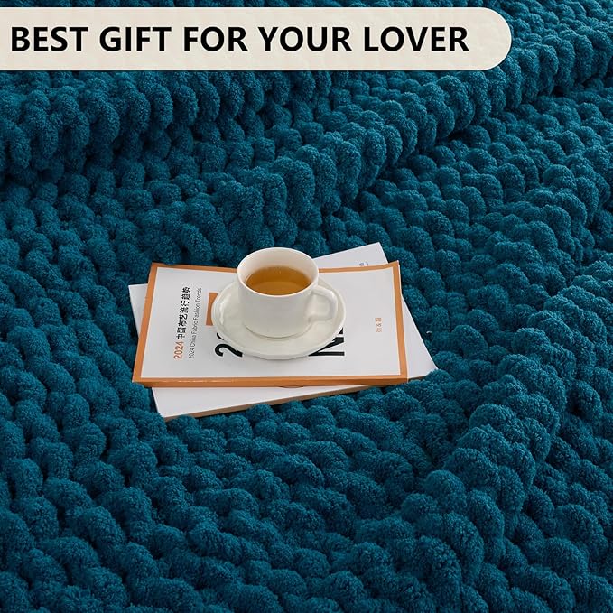 L'AGRATY Chunky Knit Throw: 60''x80'' Chenille Chunky Knitted Blanket for Bed, Couch - Handmade, Thick, Big Cable Knit Blanket - Blue