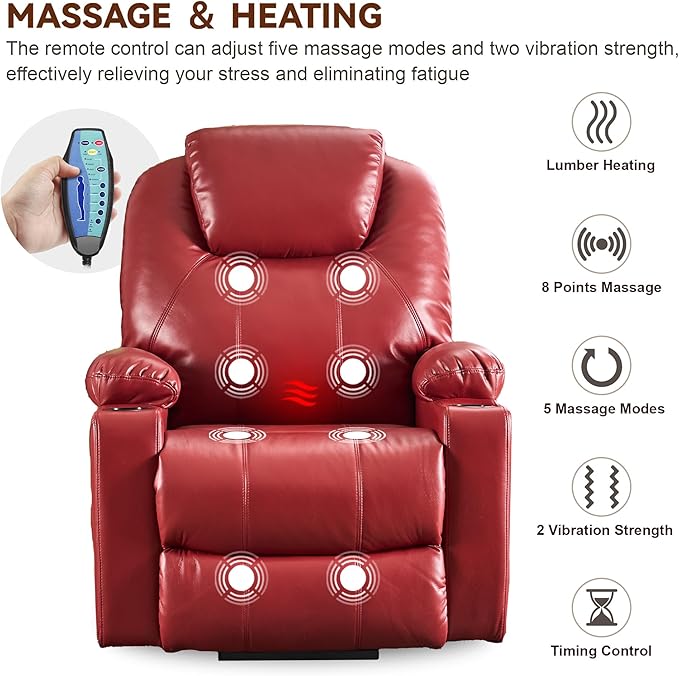 SALOHZA Power Lift Recliner Chair for Elderly with Massage and Heat for Living Room, Electric Recliner Chair for Adults with USB/Type C Port/Cup Holders, PU Faux Leather, Red