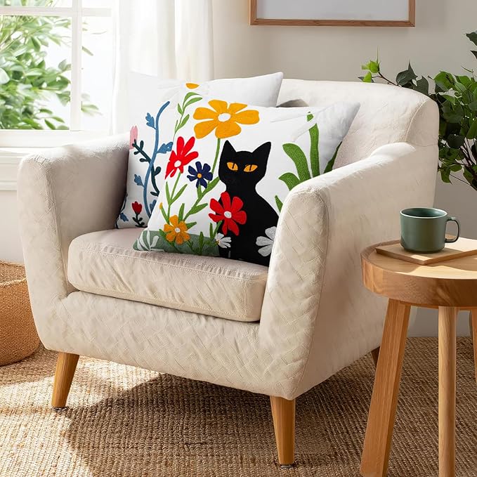Merrycolor Embroidered Pillow Covers 18x18 Black Cat and Flower Pattern Halloween Decorative Throw Pillow Covers Comfortable Cotton Canvas Square Couch Cushion Cases for Sofa Bed Living Room Decor