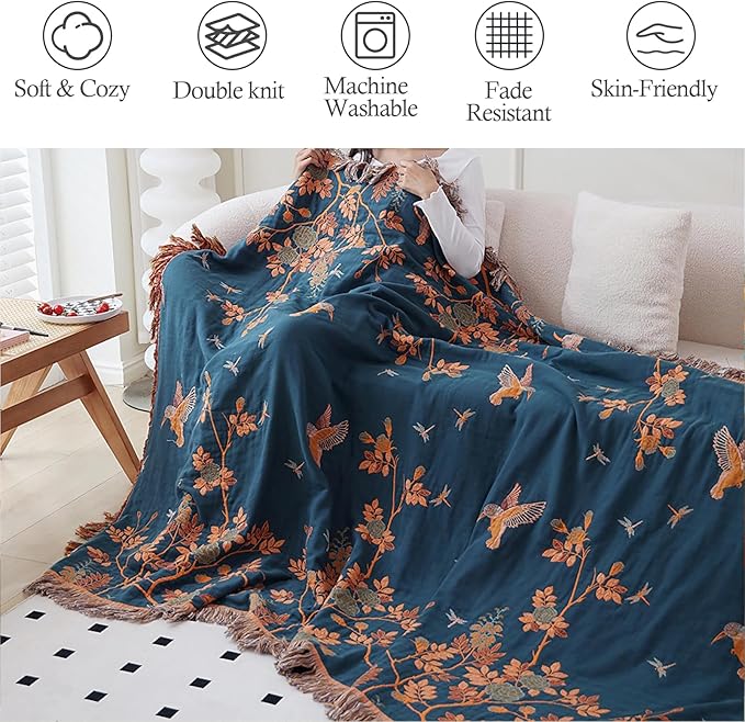 Snycler Boho Throw Blanket for Bed, 100% Organic Cotton Muslin Soft Throw-Floral Bird Farmhouse Rustic Spring Summer Fall Decor Blanket for Couch Sofa Quilt and Gift, 60" x 80" Orange
