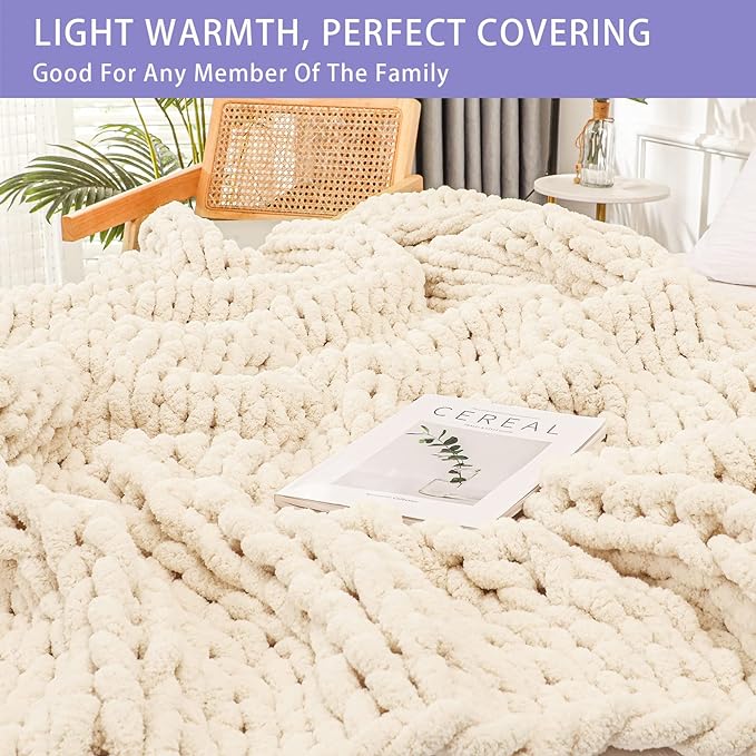 Bigacogo Chunky Knit Throw Blanket for Couch, 40x60 inches, 100% Hand Knitted with Thick Jumbo Chenille Yarn, Cozy Soft Large Rope Knot Cable Crochet Blankets for Sofa Bed Living Room, Beige