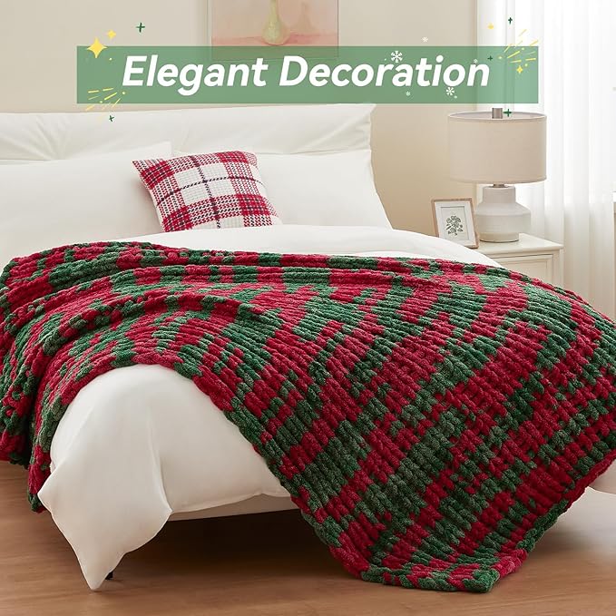 Chunky Knit Throw Blanket, 50''*60'' Knitted Throw Chenille Yarn for Bed Couch, Handmade Stripe Crochet Big Thick Blanket, Machine Washable Cute Comfy Blanket for Home Decor