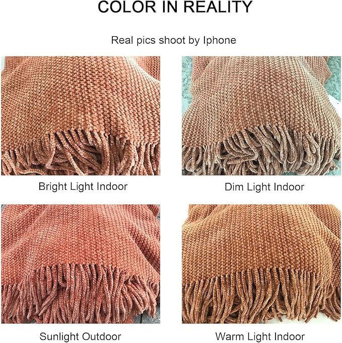 lifein Throw Blanket for Couch, Soft Boho Bed Throw,Cozy Burnt Orange Chenille Knitted Small Spring Lightweight Throw for Spring(Rust,50 * 60")