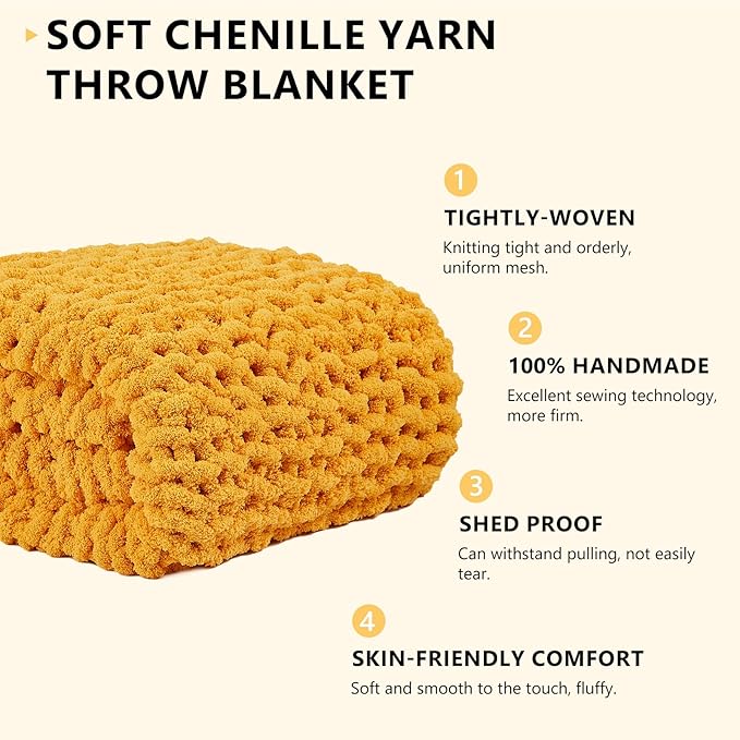 L'AGRATY Chunky Knit Blanket Throw - Soft Throw Blanket 50x60: 100% Hand Knitted Chenile Crochet Throw for Home Decor - Mustard Yellow