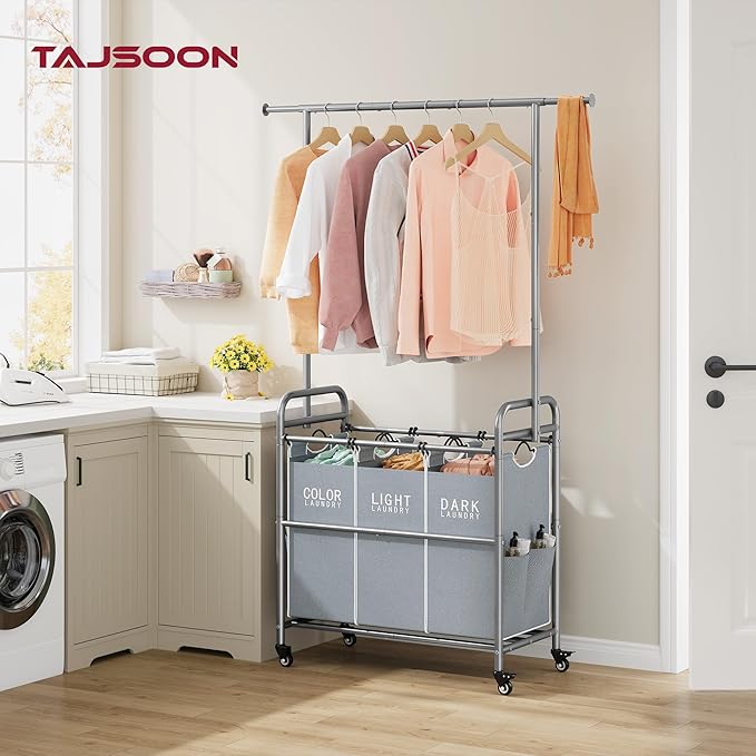 Tajsoon Laundry Sorter with Hanging Bar, 3 Section Rolling Laundry Hamper with Heavy Duty Lockable Wheels, Laundry Basket with Hanging Rack for Bedroom, 3 Gray