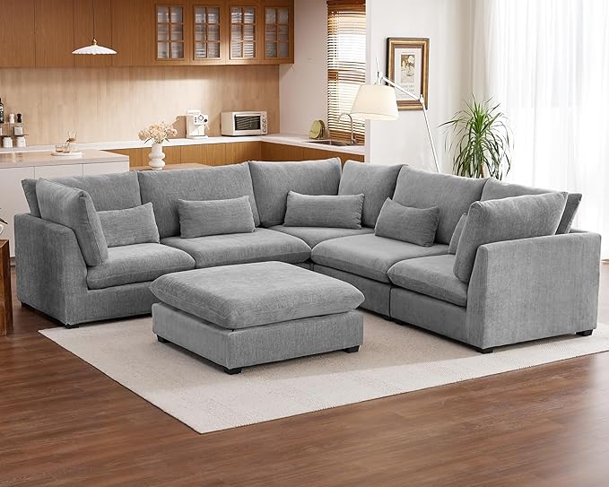 Oversized Modular Sofa, Extra Deep Cloud Chenille Sectional Couch with Ottoman Chaise, Fluffy Chenille Corner V Shape Sofa for Living Room, Villa (Corner V Shape+Ottoman, Chenille Grey)