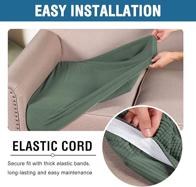 H.VERSAILTEX Super Stretch Individual Seat Cushion Covers Sofa Covers Couch Cushion Covers Slipcover Sets Thick Jacquard Textured Twill Fabric (2 Piece Medium Sofa Cushion Covers, Loden Frost)