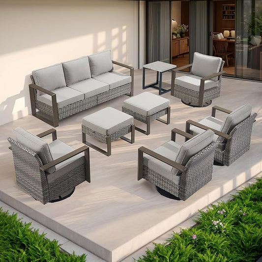 Outdoor Wicker Patio Furniture Set - 8 Piece Patio Conversation Set with 4 Wicker Swivel Rocker Chairs,2 Rattan Ottoman 1 Side Table and 1 Couch,Thick Cushions,Deep Seating(Mixed Grey/Grey)