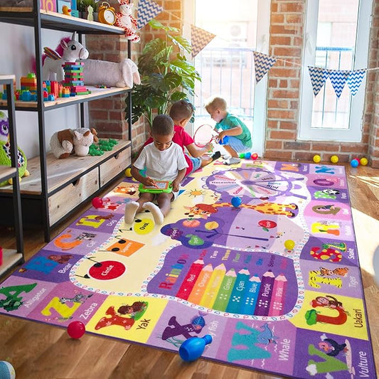 Kids Rugs for Playroom Bedroom Classroom Nursery, Non-Slip and Washable Rugs for Children Toddlers Girls, Educational and Fun Rug Carpets with ABC Alphabet Animals Shapes, 5x7, Purple