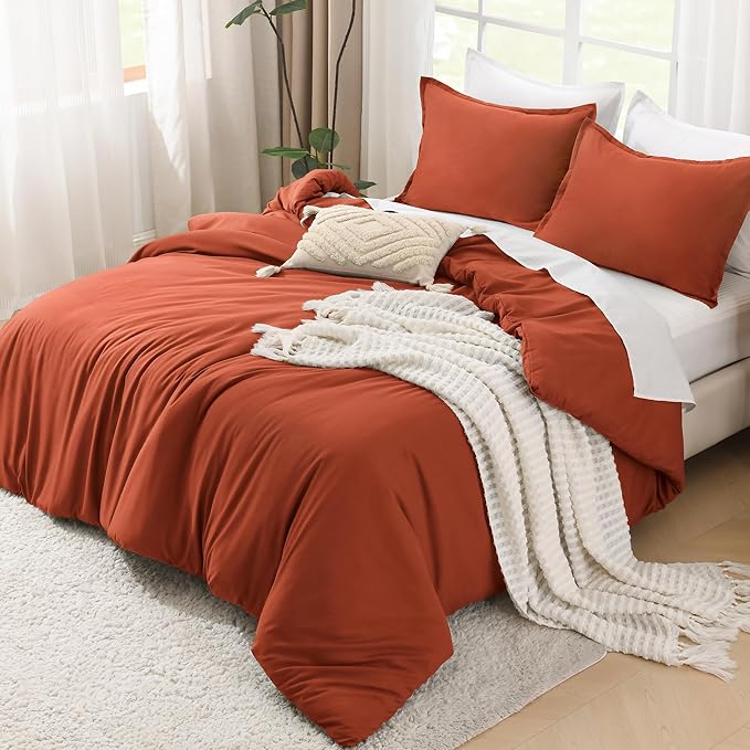 Litanika Comforters Burnt Orange Oversized King Size, 3 Pieces Lightweight Solid Bedding Comforter Set, All Season Fluffy Bed Set (120x98In Comforter & 2 Pillowcases)