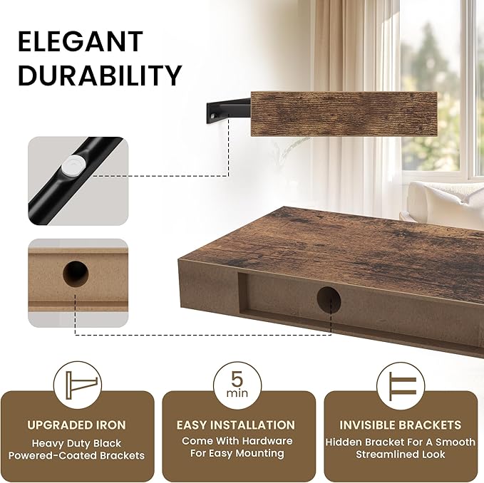 Square Floating Shelves for Wall, 12"W x 12"D x 1.2"H, Small Wooden Wall Mounted Display Shelf with Invisible Brackets for Living Room, Bedroom, Bathroom, Kitchen Decor, Set of 3, Rustic Brown