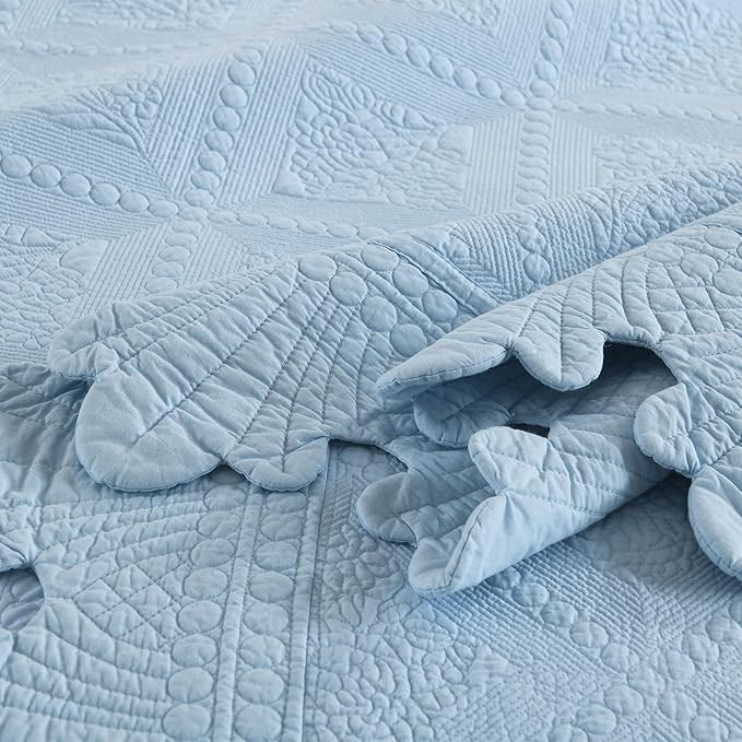 MarCielo 3-Piece 100% Cotton Oversized Bedspread Lightweight Quilt Coverlet Embroidery Farmhouse Bedding Set (TK Light Blue, Oversized King (118"x106"))