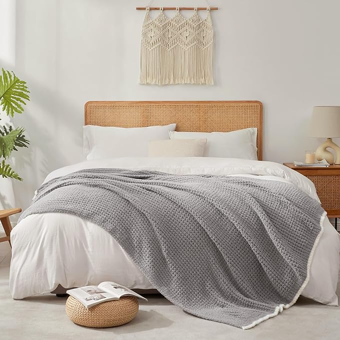 Snuggle Sac Grey Waffle Throw Blanket for Couch Bed Sofa 60x80 inches, Reversible Grey Blanket Microfiber Fluffy Fuzzy Cozy Knit Twin Blanket for Women Mothers Birthday Gifts
