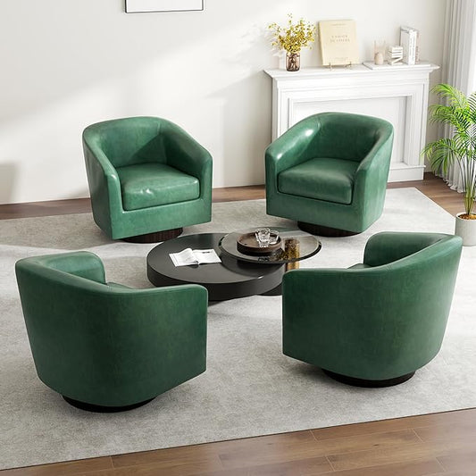 Swivel Barrel Accent Chair, Modern Round Faux Leather Arm Chair for Living Room, Bedroom, Comfy Club Reading Chairs for Adults(Faux Leather, Green, Set of 4)