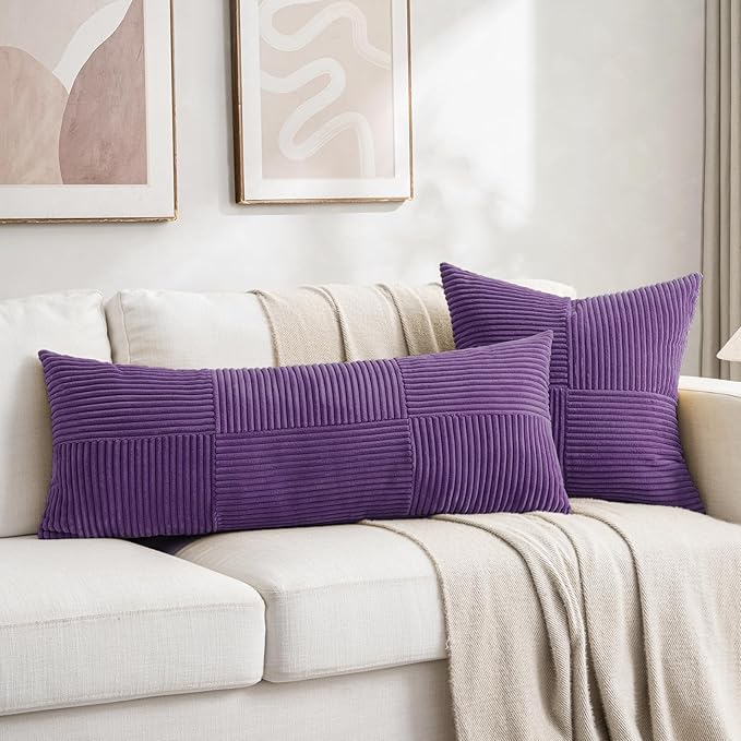 Fancy Homi 2 Packs Purple Big Decorative Throw Pillow Covers 24x24 Inch for Living Room Couch Bed, Farmhouse Boho Home Decor, Soft Corss Corduroy Patchwork Accent Square Cushion Case 60x60 cm