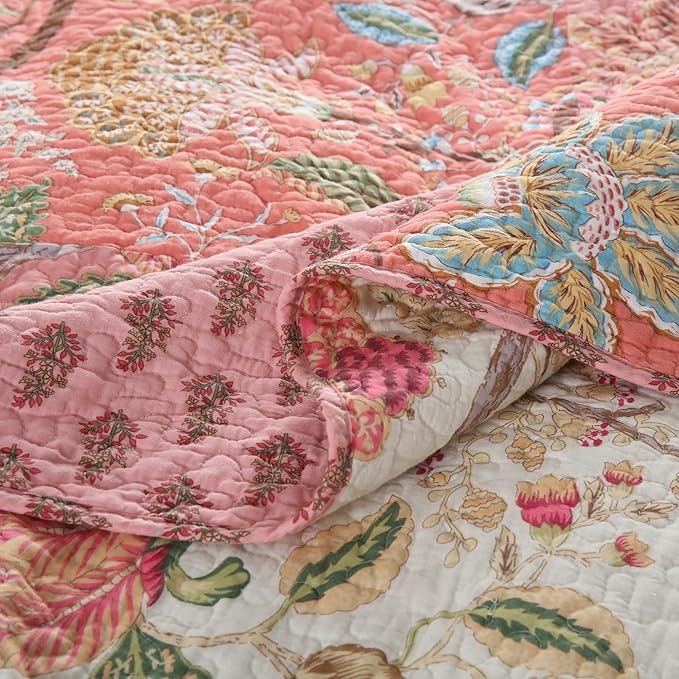 NEWLAKE Cotton Patchwork Bedspread, 3-Piece Bedding Quilt Set with Real Stitched Embroidery, Reversible Matelasse Bed Coverlet Set,Bohemian Floral,California King Size