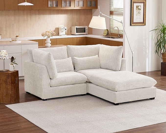 Oversized Modular Sofa, Extra Deep Cloud Chenille Sectional Couch with Ottoman Chaise, Fluffy Chenille Loveseat L Sofa for Living Room, Villa (Loveseat+Ottoman, Chenille White)