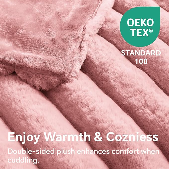 BEDELITE Faux Fur Throw Blanket for Couch, Soft and Cozy Luxurious 3D Striped Fluffy Blanket, 770GSM Thick Warm Plush Fuzzy Faux Rabbit Fur Blanket for Women Gift (Pink, 60"x 80")