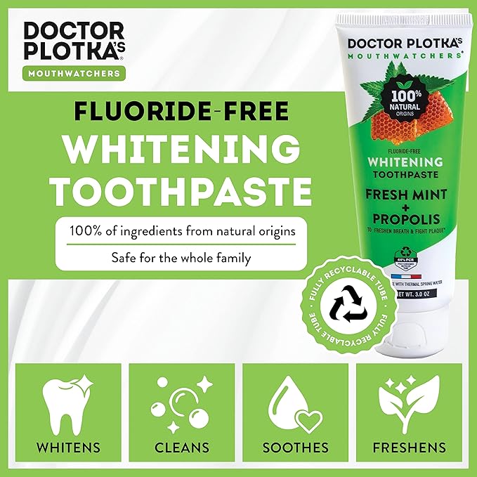 MOUTHWATCHERS Whitening Fluoride Free Naturally Sourced Toothpaste, 4 Tubes, 3 oz Each, for Sensitive Teeth and Gums, Fresh Organic Mint and Propolis, by Dr. Plotka's
