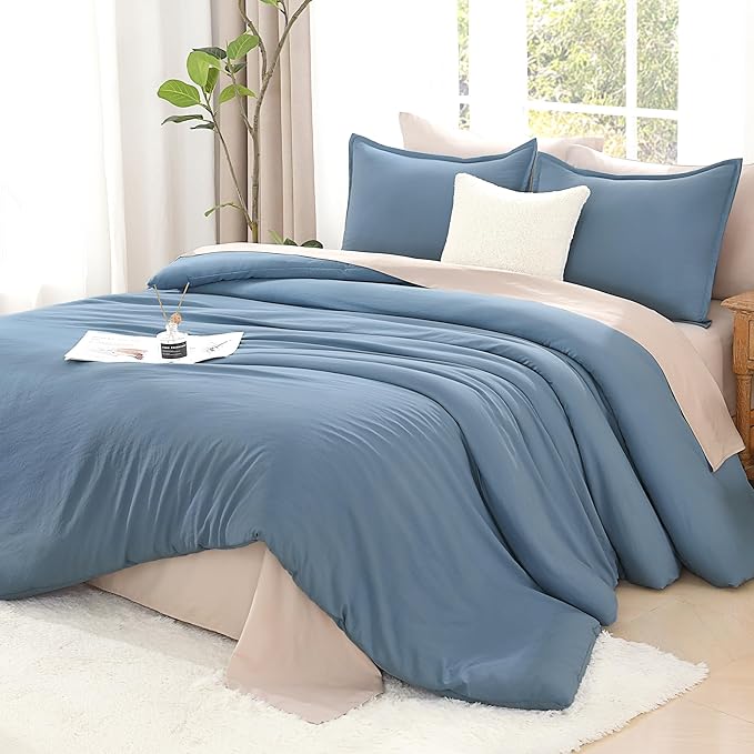 Litanika Comforters Grayish Blue Oversized Queen Size, 3 Pieces Lightweight Solid Bedding Comforter Set, All Season Fluffy Bed Set (98x98In Comforter & 2 Pillowcases)