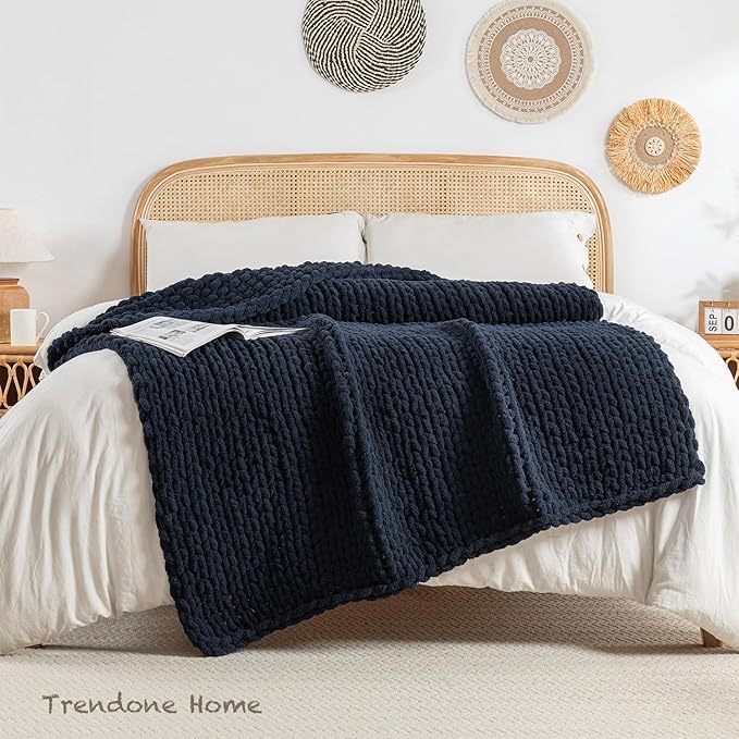 Chunky Knit Blanket Throw, 100% Hand Knit Throw Blanket Handmade Chenille Cable Knit Throw for Couch, Stylish Cozy Soft Rope Knot Crochet Blanket for Home Decor, Navy Blue, 50x60 Inches