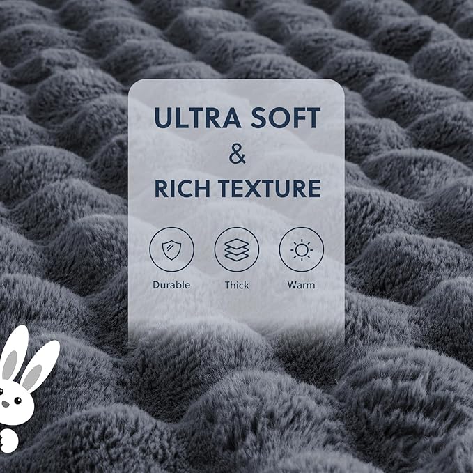 Cozy Faux Fur Throw Blanket for Bed-Warm Fuzzy Throw Blanket, Soft Plush Thick Bubble Blankets for Bedroom and Living Room, Furry Luxury Blanket, 90 x 108, Grey