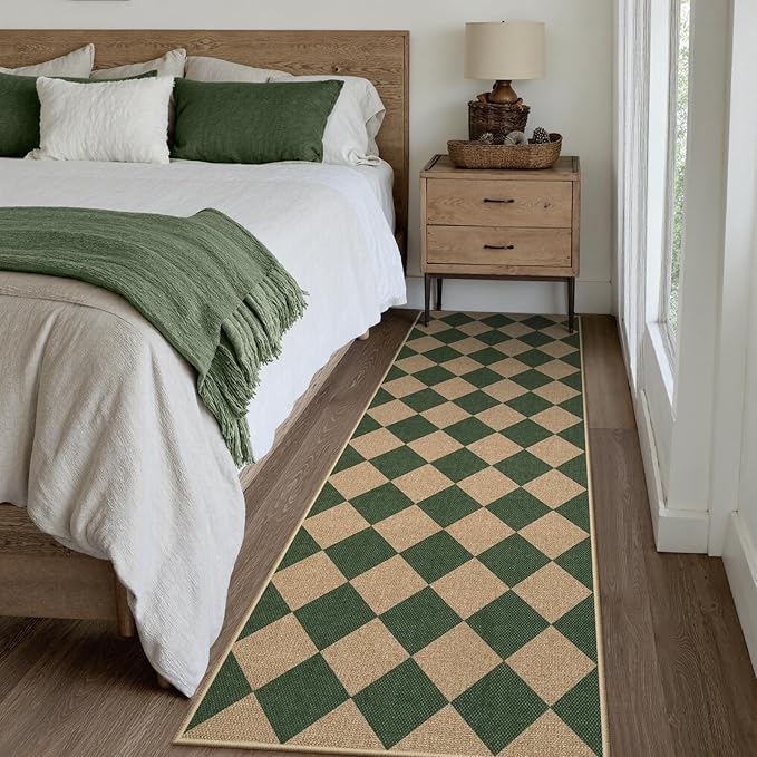 Lahome Checkered Kitchen Runner, 2x8 Easy Jute Runner Rug for Hallway Entryway, Farmhouse Indoor Outdoor Non Slip Non Shedding Green Carpet for Laundry Bedroom Porch Corridor