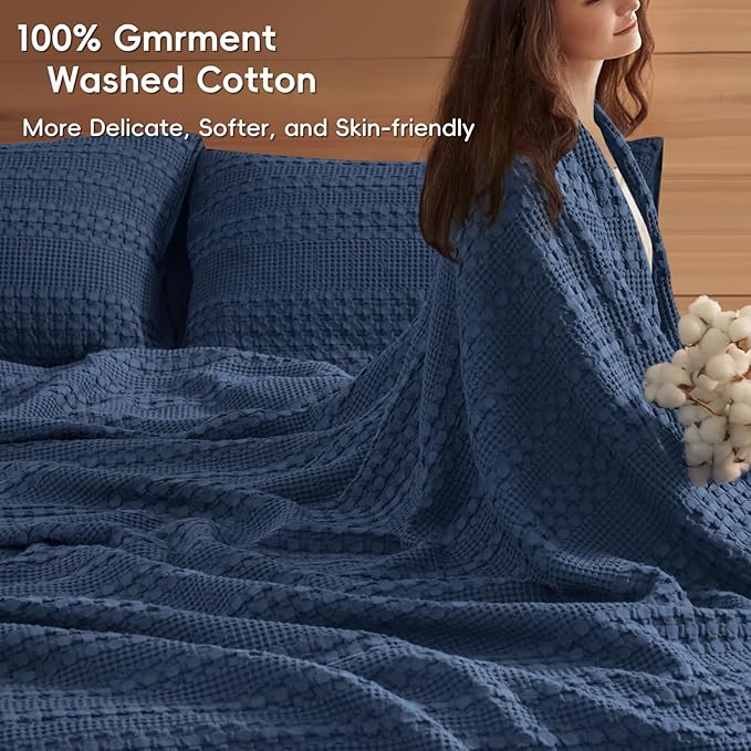 PHF 100% Cotton Waffle Blanket Oversized King 120"x120", Lightweight Breathable Extra Large 10'x10' Summer Blankets for Bed, Giant Big Luxury Aesthetic Woven Bedding for Home Decor, Bright Navy Blue