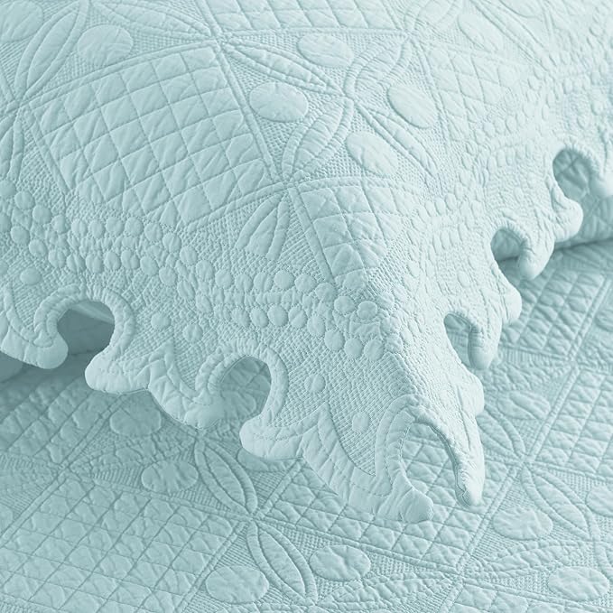 MarCielo 3-Piece 100% Cotton Oversized Bedspread Lightweight Quilt Coverlet Embroidery Farmhouse Bedding Set (TW Mint Green Blue, Oversized King (118"x106"))