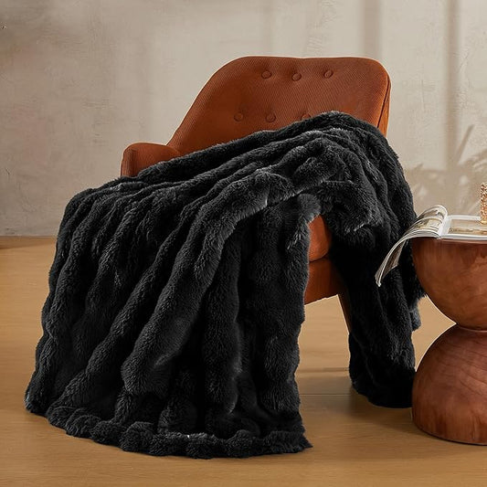 JELLYMONI Faux Fur Throw Blanket, Black Fuzzy Cozy Plush Bubble Bed Blanket, Thick and Warm King (108" x 90")