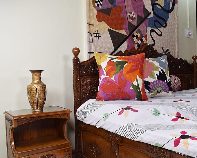 Floral Bloom Pillow Cover | Suzani Accent Pillowcase | Flower Accent Cushions | Hand Embroidered Wool Cushion - 18x18