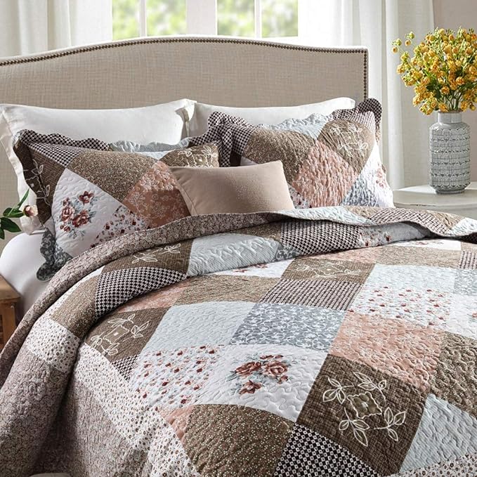 NEWLAKE Quilt Bedspread Sets-Checkered Floral Reversible Coverlet Set,Queen Size