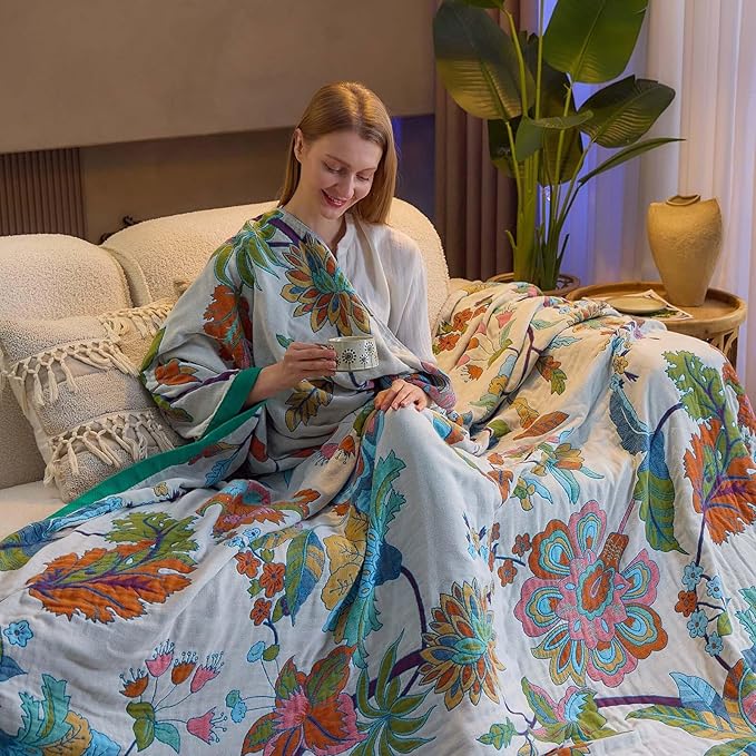 Summer Throw Blanket, 60"x80" Reversible Bohemian Flower Blanket, 100% Cotton Muslin Breathable Woven, Farmhouse Decorative Throw Blanket