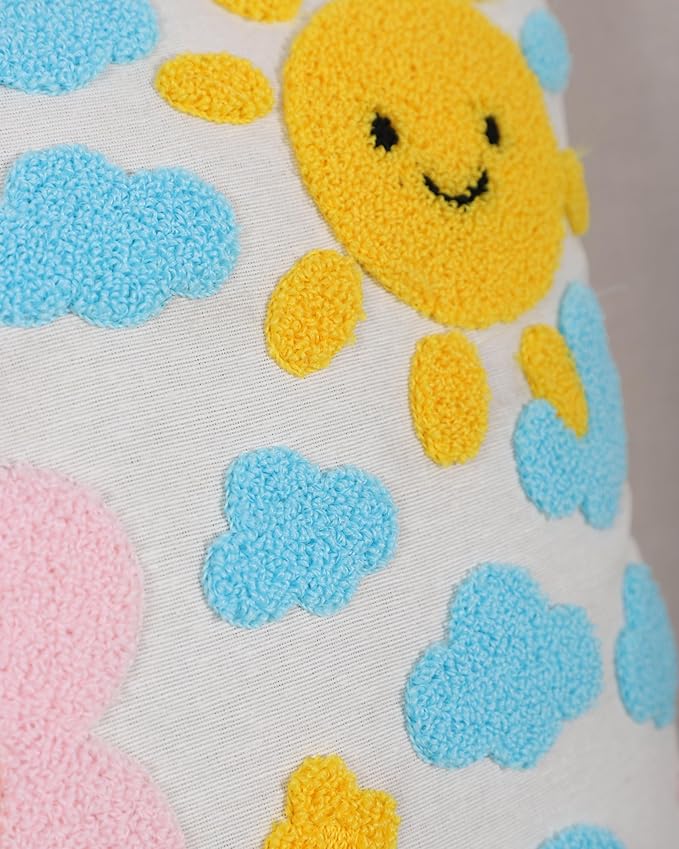 katre home madame & textile Throw Pillow Cover – Sun & Cloud Punch Needle Cushion 18x18 inch – Handmade Embroidered Boho Cotton Pillow for Couch, Bed or Nursery Room Decor