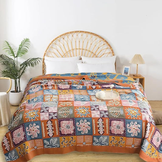 Boho Throw Blanket for Bed - 100% Pure Cotton Ultra Soft Rustic Quilt - Farmhouse Decor Bed Blankets, All Season Rustic Throw for Sofa Couch Chair(60"×80", Art Squares)