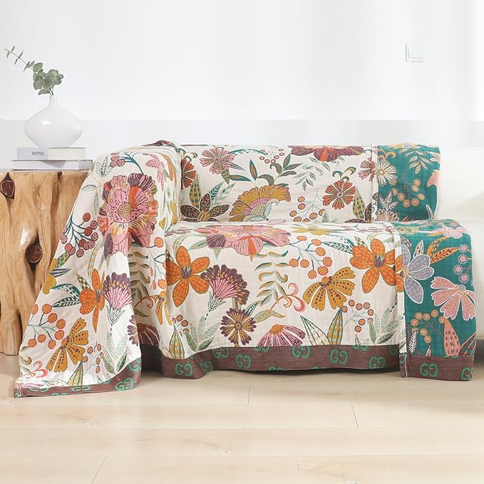 Premium Bed Throws- Boho Throw Blanket 80”x 90”,100% Cotton Ultra Soft Rustic Quilt Summer Blanket Travel Muslin Blanket Home Decor Large Bed Blankets All Season Throws for Women Mom