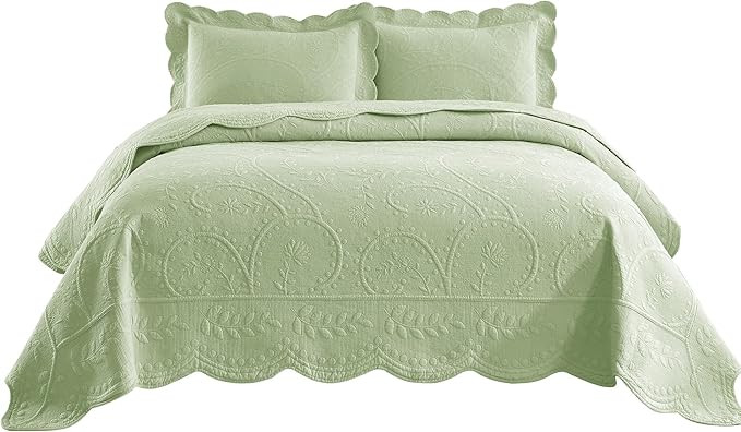MarCielo 3-Piece 100% Cotton Oversized Bedspread Lightweight Quilt Coverlet Embroidery Farmhouse Bedding Set (TX Pale Green, Oversized King (118"x106"))