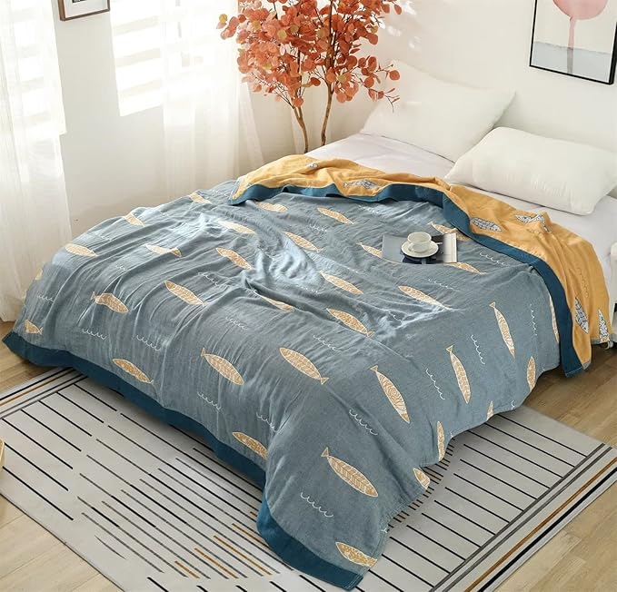 MSGKV Boho Throw Blanket 100% Cotton Woven Blanket for Couch Sofa Bed Double Sided Knit Throw Reversible Summer Blanket 80''Wx 90''L
