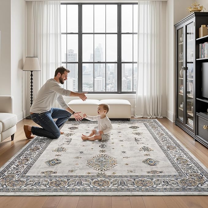 AMOAMI-Vintage Area Rug 8X10 Grey Rugs for Living Room-Soft Living Room Rug Non Slip Rugs for Bedroom Carpet Machine Washable Rug for Dining Room Bedside Office Room Decor