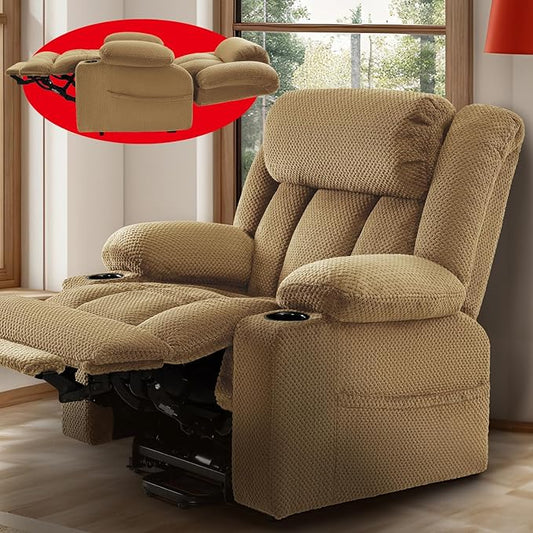 Three Motor Large-Wide Power Lift Chairs Recliners for Big and Tall Elderly, 180° Lay Flat Lift Chair, Infinite Position, Power Headrest, Heat & Vibration Massage (Plush Flannel, Camel Beige)